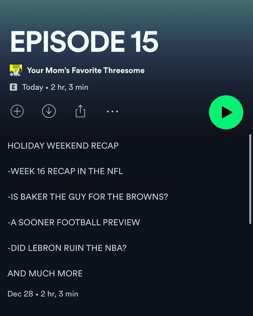 Episode 15 is available!

*We talk NFL and College Football
*Talk some Sooner football ahead of their bowl game
*NBA Power Rankings
*Did Lebron ruin the NBA?
*Dont Look Up Review
*Oh and we talk about @PJGorrell and his #ChristmasMovieDraft win, whatever. 

On Spotify and Apple! https://t.co/dpoCNUN1yf