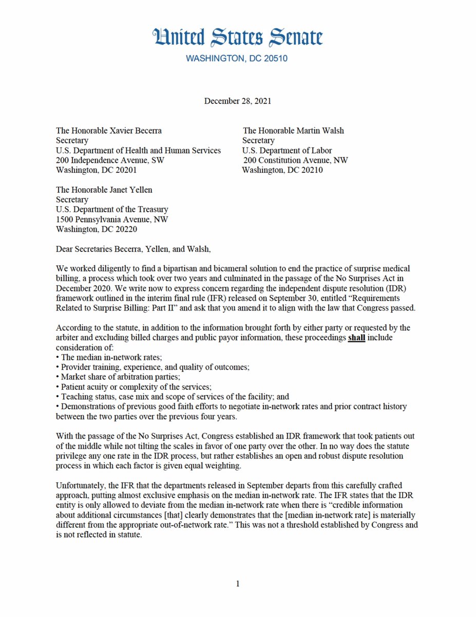 📩  NEW: Very significant letter today from 26 U.S. senators to <a href="/SecBecerra/">Secretary Xavier Becerra</a>, <a href="/SecMartyWalsh/">Secretary Marty Walsh</a>, &amp; <a href="/SecYellen/">Secretary Janet Yellen (Archived)</a> re: the #NoSurprisesAct Sept. 30 IFR. 

"#Congress established an IDR framework that took #patients out of the middle while not tilting the scales...

action4health.org/senate-no-surp…