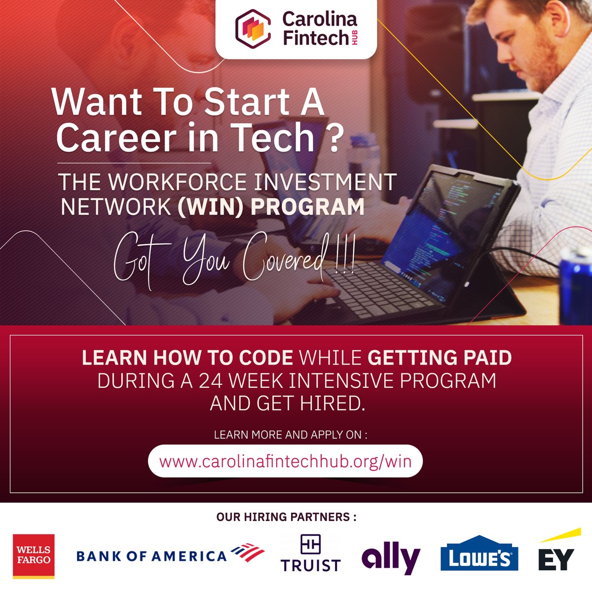 REMINDER: The application deadline for the upcoming cohort of the WIN program is  Dec. 31st.
If you are interested in applying, visit CarolinaFintechHub.org/WIN to learn more and start the application process today!