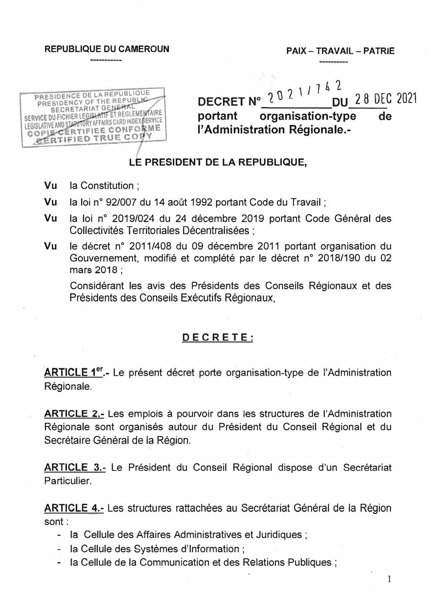 PR_Paul_BIYA's tweet photo. Décret portant organisation de l'administration régionale.
#PaulBiya
#Cameroun https://t.co/zt7JWQycee