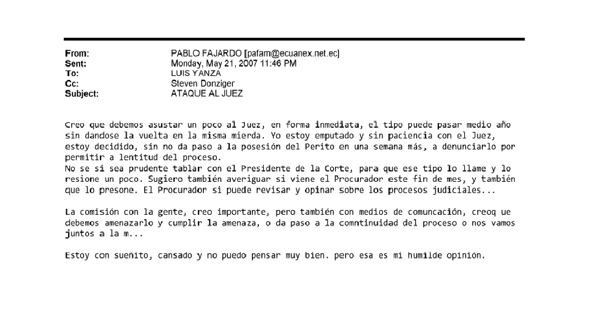 JuicioCrudo's tweet photo. ¿Termina el 2021 y @Pablofame abogado contra Chevron, no ha explicado por qué en sus correos internos aseguraba: “Creo que debemos asustar un poco al juez”? https://t.co/jKyKGjIElE https://t.co/6Tex8oyYtF
