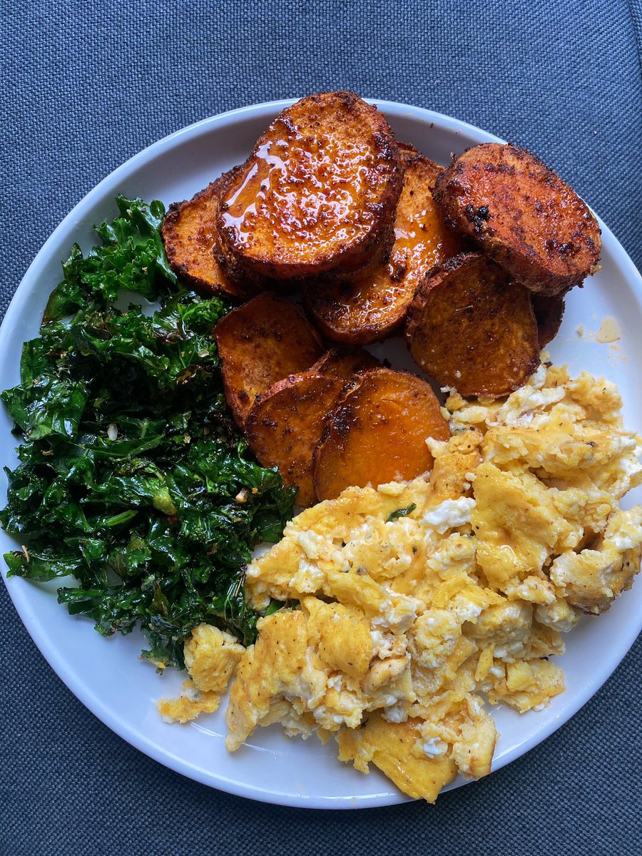 bkjuni's tweet photo. Feta eggs, roasted sweet potatoes, &amp; sautéed kale with hot honey. https://t.co/BLnUMCW401