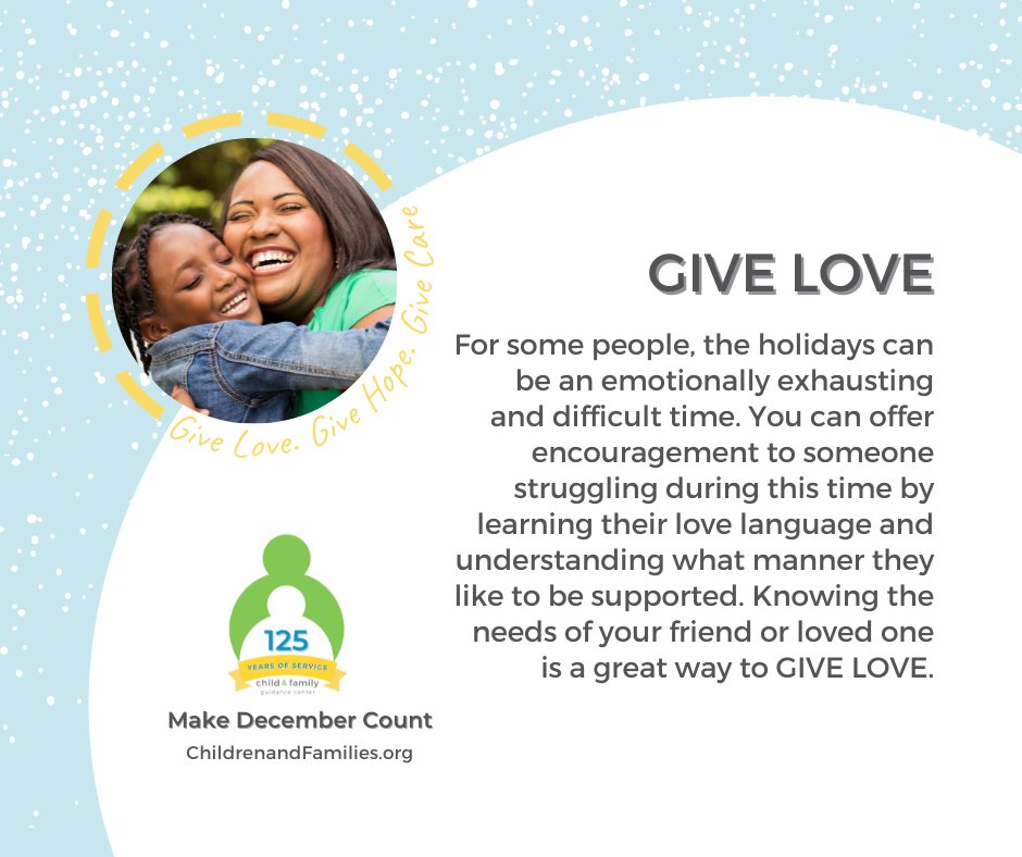 ChildandFamily_'s tweet image. Everyone has different love languages and in what manner they like to be supported. Knowing the needs of your friend or loved one is a great way to GIVE LOVE. How will you GIVE LOVE? #MakeDecemberCount

214.351.3490
DONATE or start a FUNdraiser today at Childrenandfamilies.org