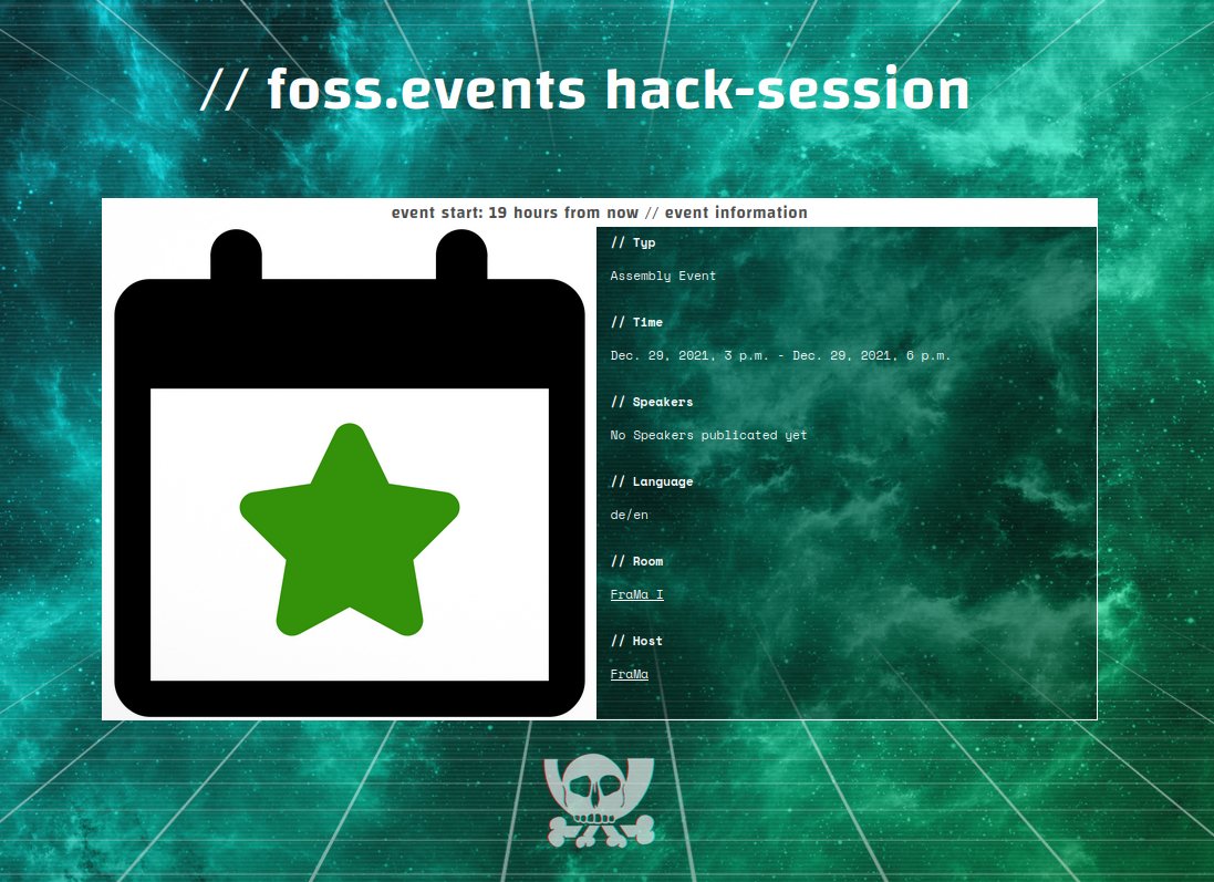 Tomorrow from 15:00 to 18:00 we run a // foss.events hack session at #rC3 #nowhere 

rc3.world/2021/event/fos…

Join, learn, share and help sustain // foss.events