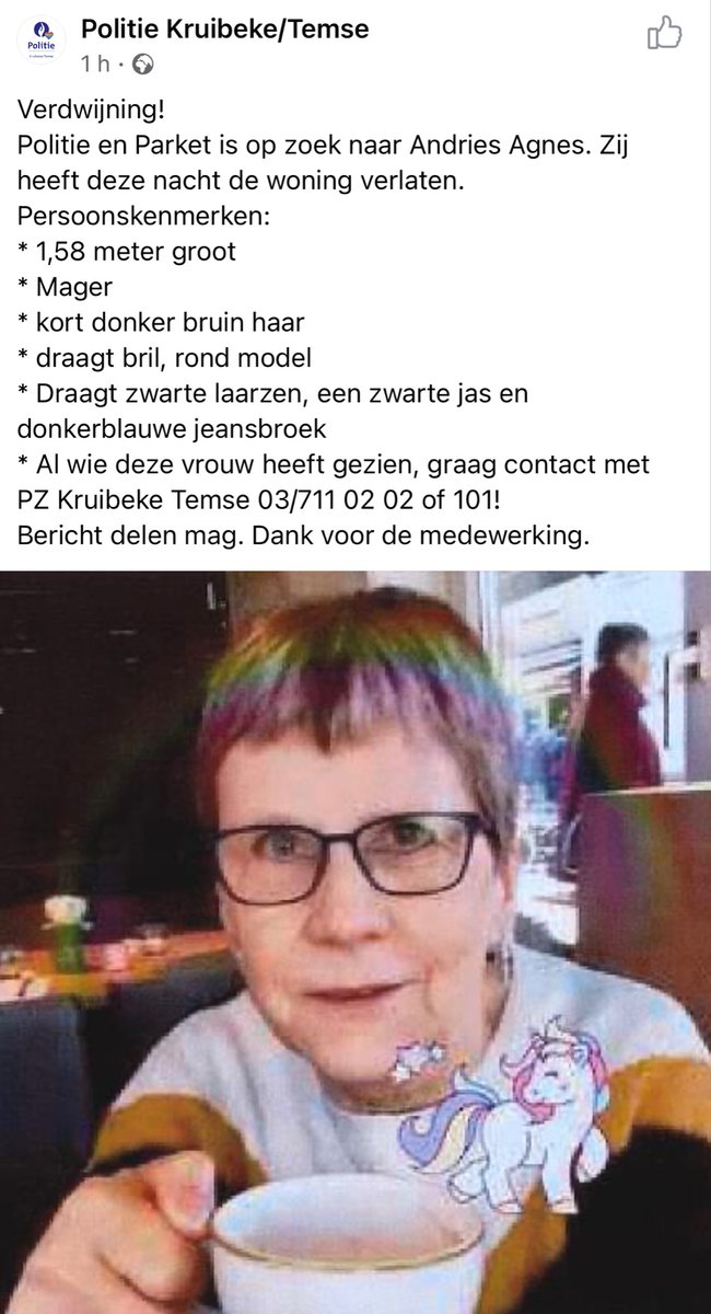 Ik zit in een nachtmerrie. Mijn moeder is vermist. Ze heeft sinds 4:30u deze ochtend geen teken van leven meer gegeven, wandelt mogelijk verward rond regio Waasland. Delen mag.