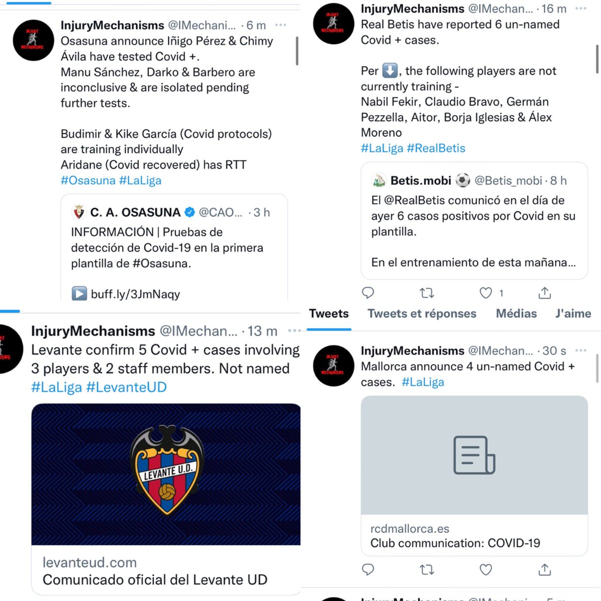 MPGLaurent's tweet photo. 4 clubs de Liga qui communiquent aujourd’hui sur des cas Covid. #Osasuna #Betis #LevanteUD #Mallorca
Merci @IMechanisms pour le suivi! https://t.co/DdUuFmtimN