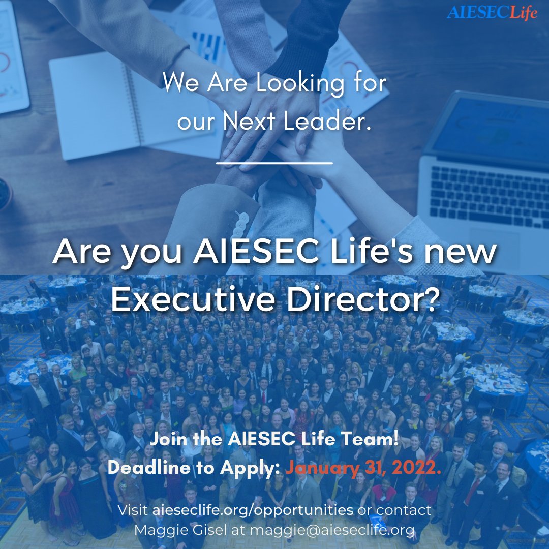 aieseclife's tweet photo. AIESEC Life is looking for our next Executive Director to grow and enhance our alumni association for the future. This is a part-time paid position with the perks of working from home, flexible hours, and more!

More information and application here: https://t.co/DnX9MfSjyW. https://t.co/vD4WtgsFSZ