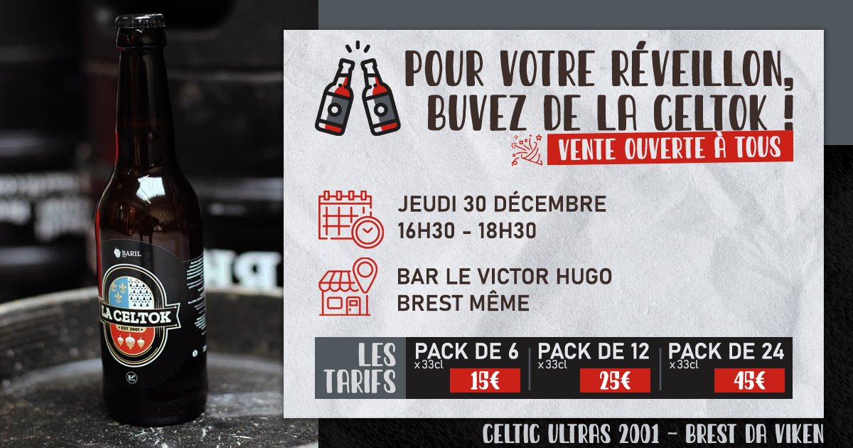 CelticUltras's tweet image. Le réveillon du 31 décembre approche... En ce sens, nous mettons en vente libre nos bières ce jeudi.

Il n'y a plus besoin d'être adhérent CU01 pour acheter des Celtoks.

RDV au Bar Le Victor Hugo.

Yecʼhed mat. 🍻

#Brest #SB29