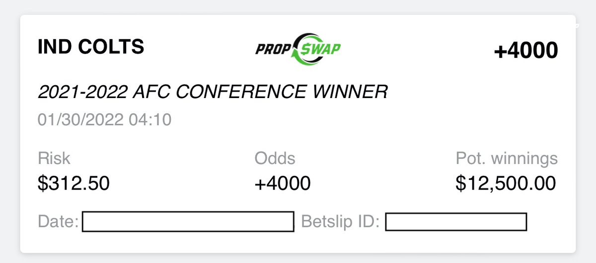 PropSwap's tweet photo. This $312 40/1 Colts to Win the AFC Championship ticket just SOLD on PropSwap for $1,220! New odds of 9.5/1 for the buyer.
β
4X return for the seller before the playoffs start
β
Best odds in the country for the buyer
#OnlyOnPropSwap https://t.co/yHA8oZUpJ3