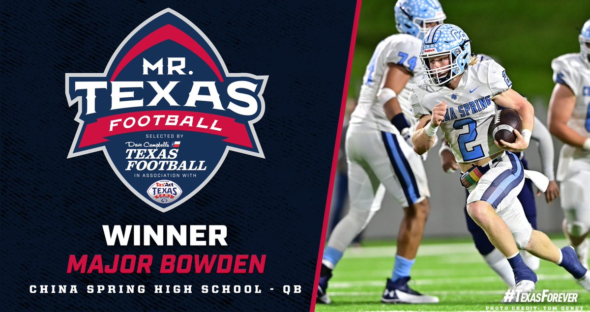 #BREAKING: China Spring QB Major Bowden named Mr. Texas Football Player of the Year!

texasfootball.com/article/2021/1…

<a href="/MajorBowden/">Major Bowden</a> <a href="/cscougarsports/">China Spring Athletic Booster Club</a> <a href="/TexasBowl/">Kinder's Texas Bowl</a> <a href="/dctf/">Dave Campbell's — TexasFootball.com</a>  #txhsfb #TexasBowl #MrTexasFootball #dctf