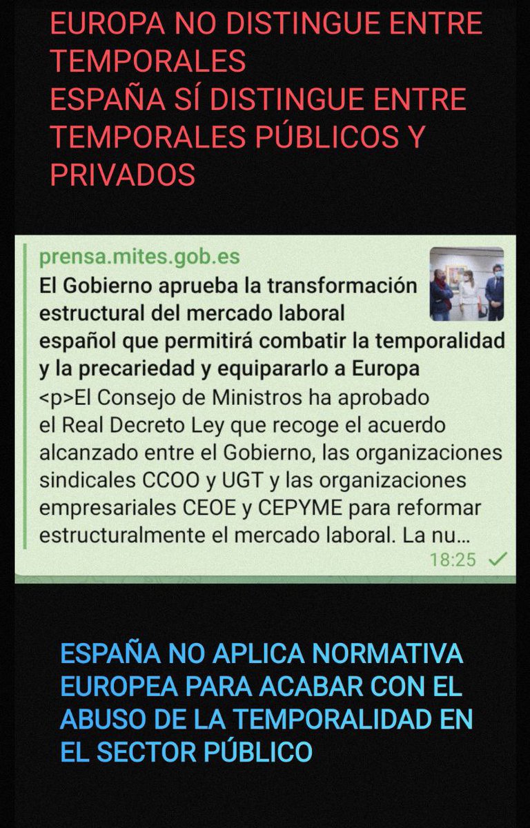 😡<a href="/Yolanda_Diaz_/">Yolanda Díaz</a> <a href="/mjmonteroc/">María Jesús Montero</a> <a href="/Eselkaos/">Pedro Honrubia 🔻</a> <a href="/mllcastellanos/">Llanos Castellanos 🇪🇸</a> equipararse a europa⁉️
✅En Europa no existen diferencias entre temporales abusados, en España sí: hay temporales públicos y privados.
❌A los públicos abusados NO SE LES APLICA NORMATIVA EUROPEA
#NoIcetazo <a href="/LourdesArastey/">L.Arastey</a>