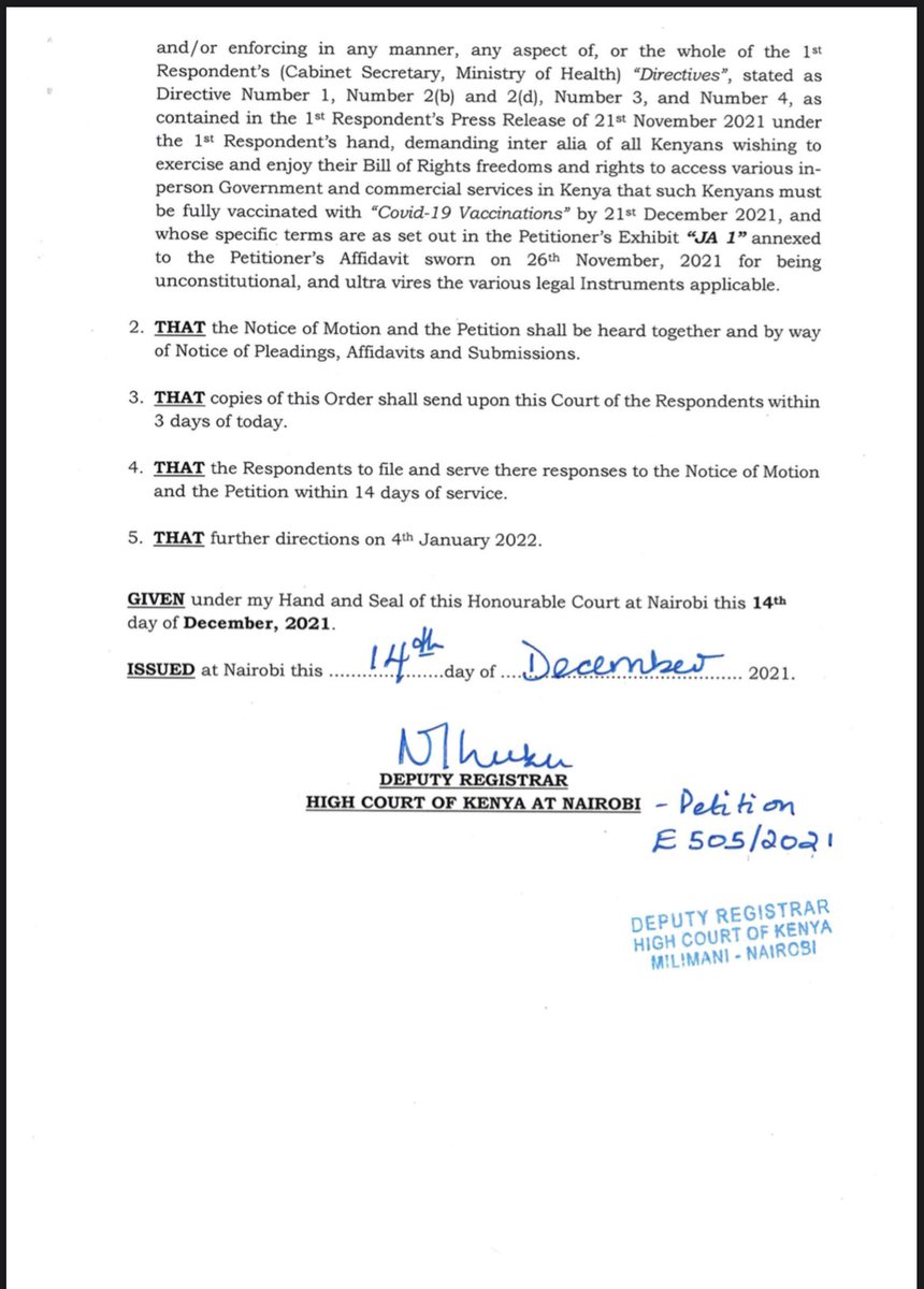 The direction for proof of vaccination was suspended by the High Court. It is contemptuous to demand proof of vaccination as a precondition to offer services/entry. Those doing so risk fine/imprisonment. The Order👇🏿