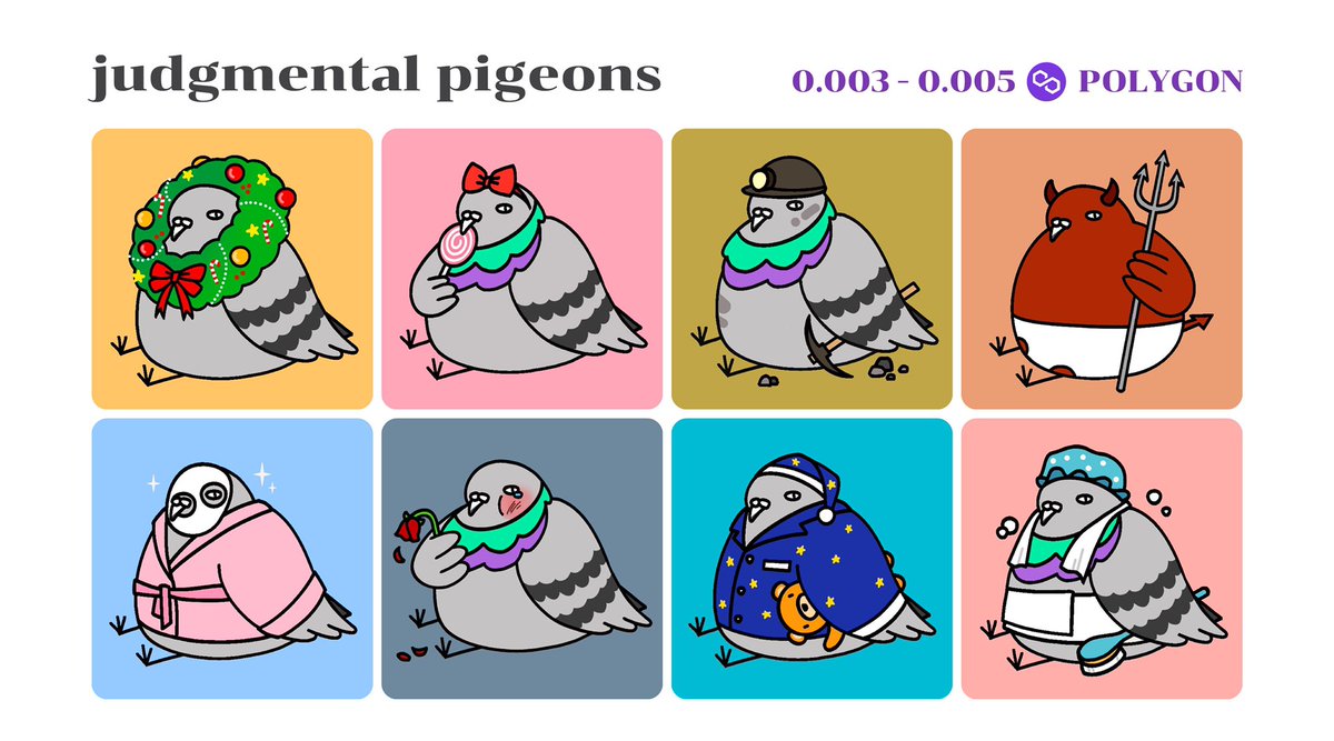 JUDGMENTAL PIGEONS 🐦

🔹Only 0.003 - 0.005 Polygon (no gas fee)
👉 opensea.io/collection/jud…
📢 More pigeons (Polygon &amp; ETH) available

#nftart #nftthailand #nftthaiartists #nftcommunity #nftcollector #nft #OpenSeaNFT #PolygonNFT
