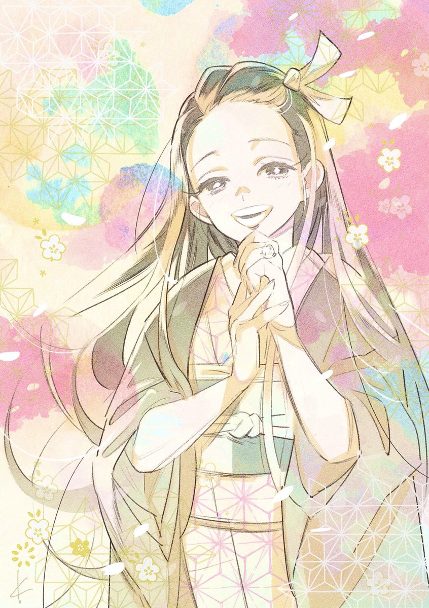 kamado nezuko 1girl solo japanese clothes long hair kimono smile asa no ha (pattern)  illustration images