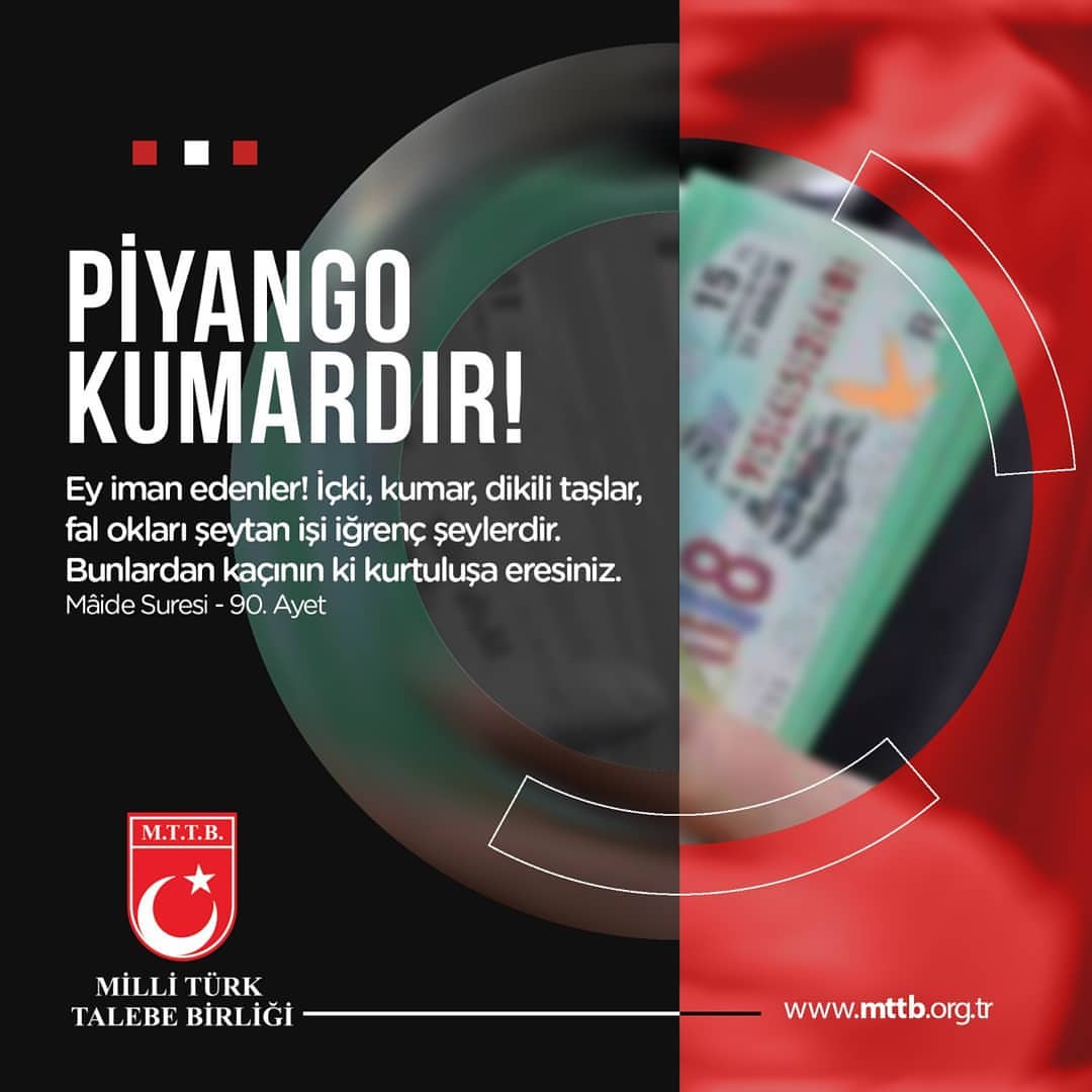 mttborgtr's tweet photo. Piyango Kumardır!
Ey iman edenler! İçki, kumar, dikili taşlar, fal okları şeytan işi iğrenç şeylerdir. 
Bunlardan kaçının ki kurtuluşa eresiniz.
(Mâide Suresi - 90. Ayet) https://t.co/0VJXajEnWb