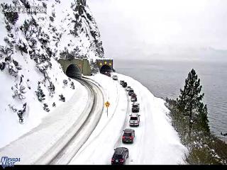 The highway reopened between #SouthLakeTahoe &amp; #Placerville but massive delays due to the volume of cars trying to go over since I80 is still closed. These photos on #Nevada side of #LakeTahoe miles from #EchoSummit <a href="/CaltransDist3/">Caltrans District 3</a> <a href="/nevadadotreno/">Nevada DOT Reno</a> <a href="/CHPPlacerville/">CHP Placerville</a> <a href="/NVStatePolice_N/">Nevada State Police - not active</a>