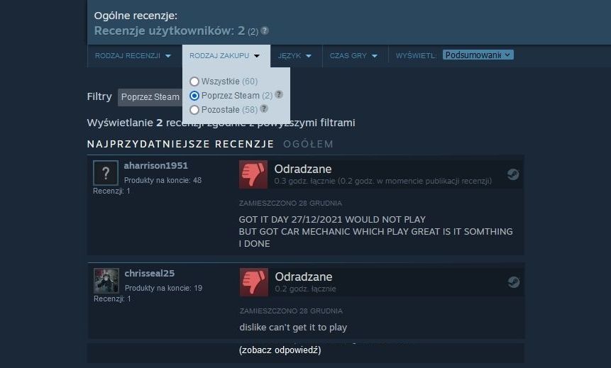 KrolMichal's tweet photo. O co w tym chodzi, może ktoś mi to wytłumaczyć? Train Mechanic Simulator VR od spółki #VRFabric miał premierę wczoraj. Ma 60 recenzji, 2 negatywne od osób, które zakupiły grę na Steamie, a wszystkie pozostałe 58 "spoza Steam" jest pozytywnych. Pierwszy raz coś takiego widzę. https://t.co/a2k5XF6sRG