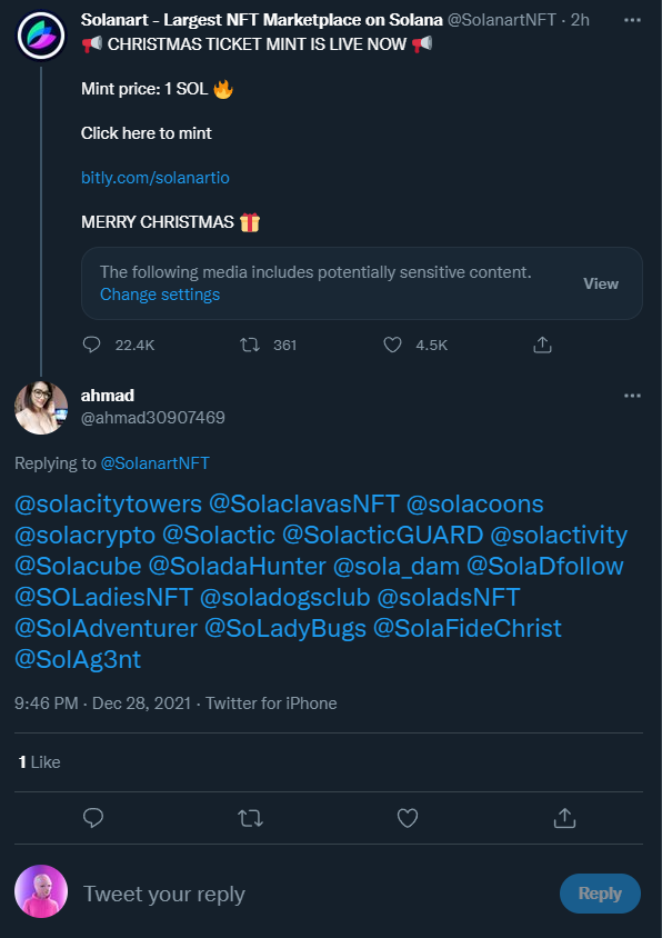 SolaclavasNFT's tweet photo. @SolanartNFT In all seriousness guys, please watch out guys this is a SCAM website which will more than likely wipe your wallet and scam you for the 1 Sol also. Please watch out! #NFT #SCAM https://t.co/3yptHvITBi