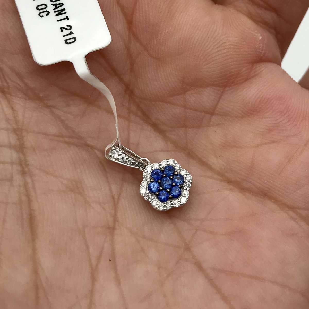 This week only! Sapphire and diamond pendant set in 14k white gold! Features 7 glorious blue sapphires and 21 diamonds for .15 ctw! On sale for $164 out the door! #pawnshop #oakland #bestcollateral #whitegold #gold #sapphires #bluesapphire #diamonds #sapphirependant #treatyoself