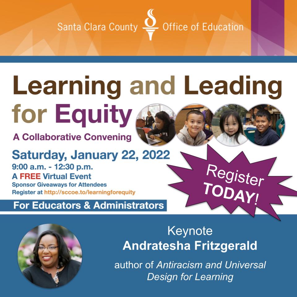 Join @FritzTesha as she kicks off our Learning and Leading for Equity virtual event. Check out full sched 🔗➡️ bit.ly/ll4esched #WeAreSCCOE #k12 #SEL #equity #inclusion #UDL #education #AntiracistUDL