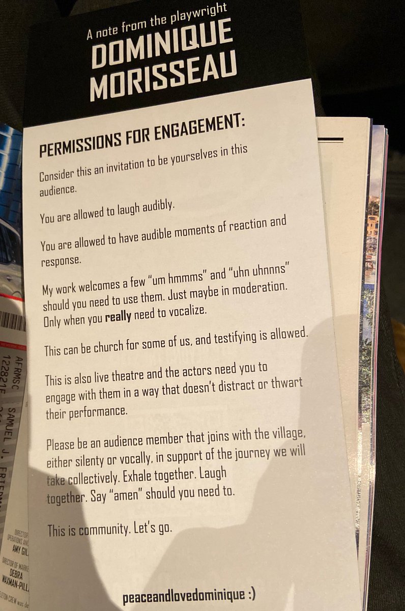 AyannaPrescod's tweet photo. Shout out to theater makers saying it’s OK to vocally engage with their work. This is the theater I live for. @domorisseau note in the Skeleton Crew Playbill.

(thanks @eeethannn8 for sharing this with me.) https://t.co/UyQYA9mpOf