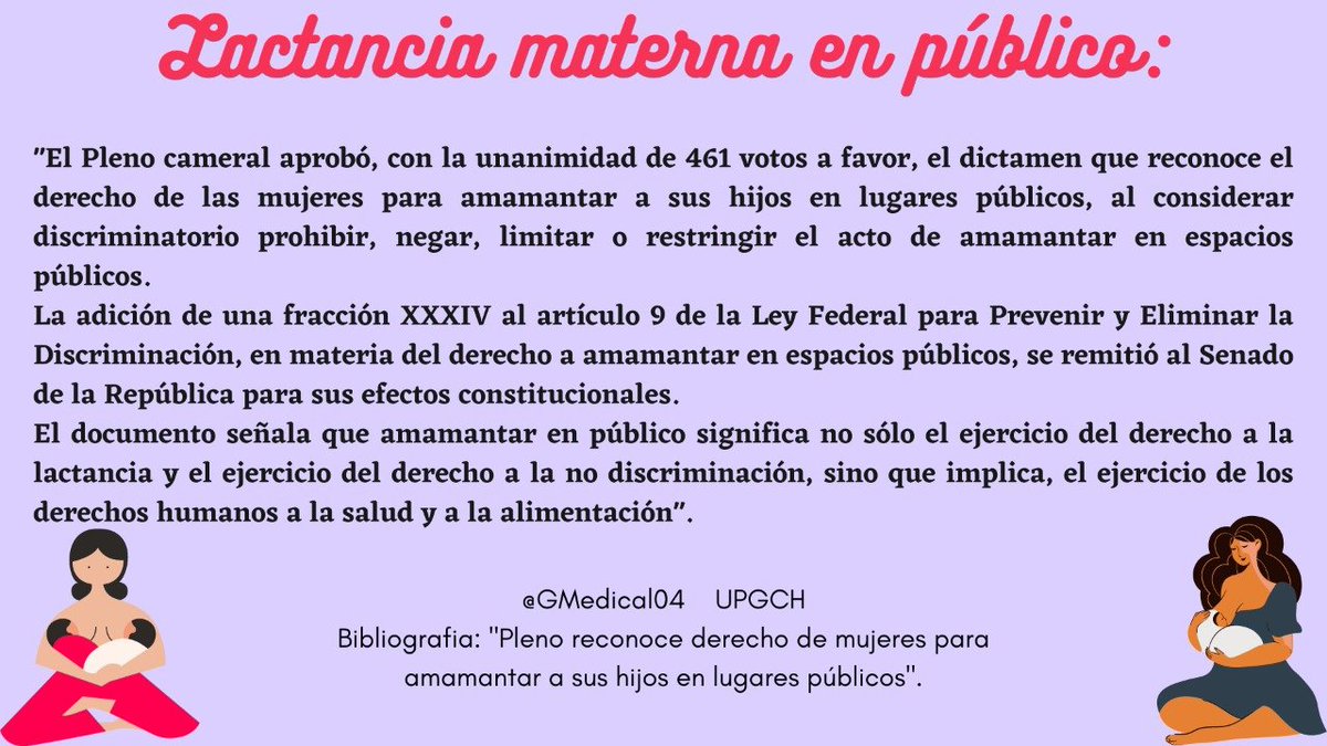 GMedical04's tweet photo. Hoy en día es #legal #amamantar en #publico y debería ser #normalizado ante los ojos de la #Sociedad, ya que es un acto normal y alimenticio para el #bebé.
#LactanciaMaterna
Bibliografía:Cámara de Diputados. https://t.co/yN1GOXz5gy. Recuperado 21–12-26, de https://t.co/VrVYZF2igT https://t.co/dyn3mlRnuv
