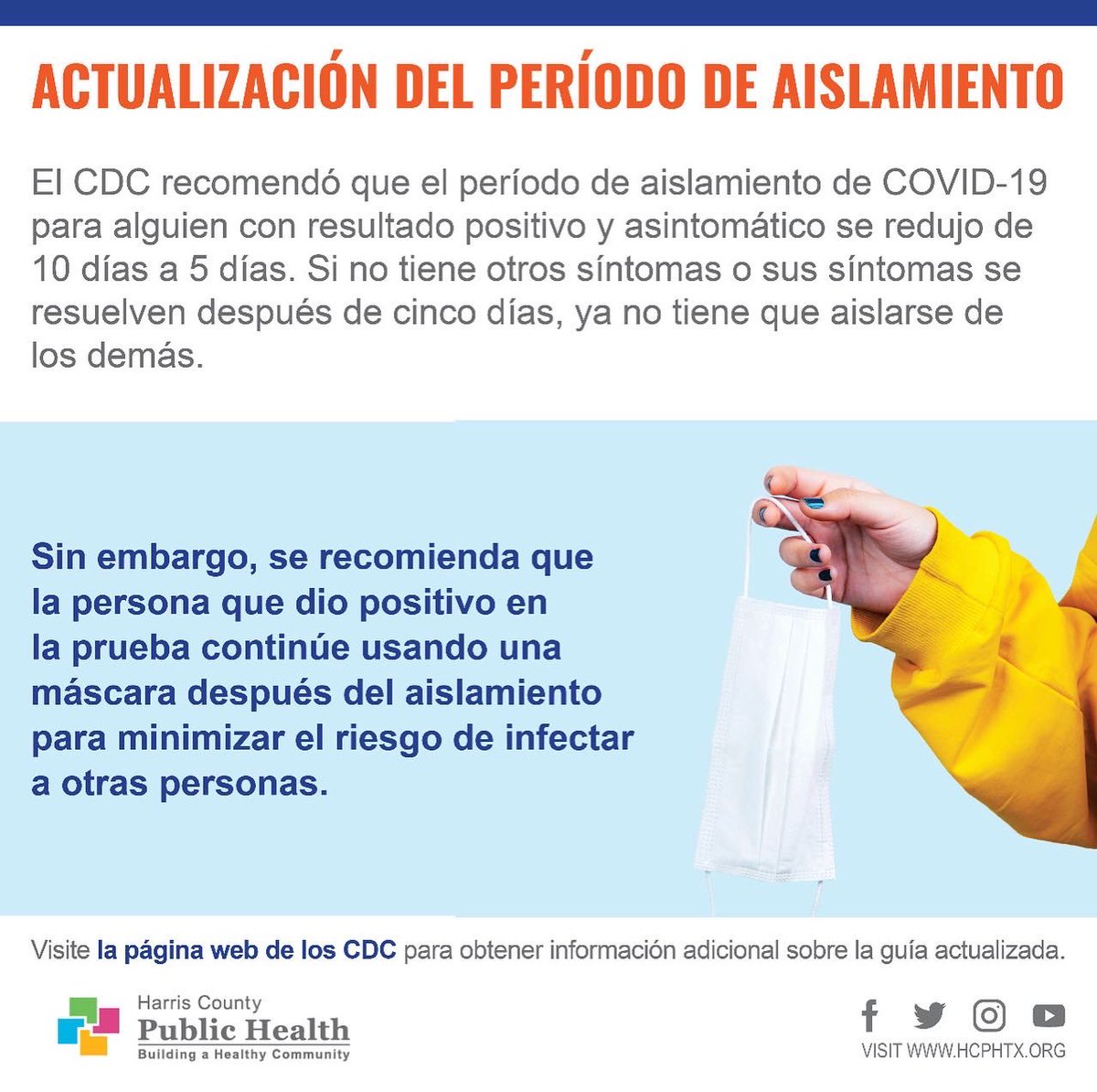 .<a href="/CDCgov/">CDC</a> actualizó sus recomendaciones para los períodos de aislamiento de #COVID19 de resultados positivos de 10 días a 5 días. Visite cdc.gov para obtener más info.
 
Visite vacstrac.hctx.net o llame al 832-927-8787 para encontrar un lugar de vacunación.