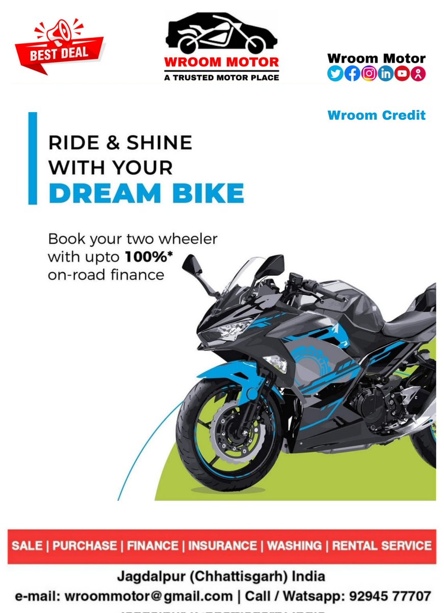 WroomMotor's tweet photo. Ride &amp; Shine With Your #DreamBike 
Bol your two wheeler with hoti 100% on-road finance

#WroomCredit #WroomMotor #BestDeal https://t.co/nBQMZcbEdM