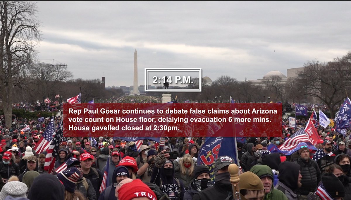 sandibachom's tweet photo. IMPORTANT: Peter Navarro says Gosar was enlisted and did his job at 1pm. BUT he's still doing it at 2:14pm delaying gavelling out 6 additional minutes at 2:30pm. By 2:30 all four sides of the Capitol were breached. It took NINETEEN minutes. #jan6committee https://t.co/wFbaCbvj48