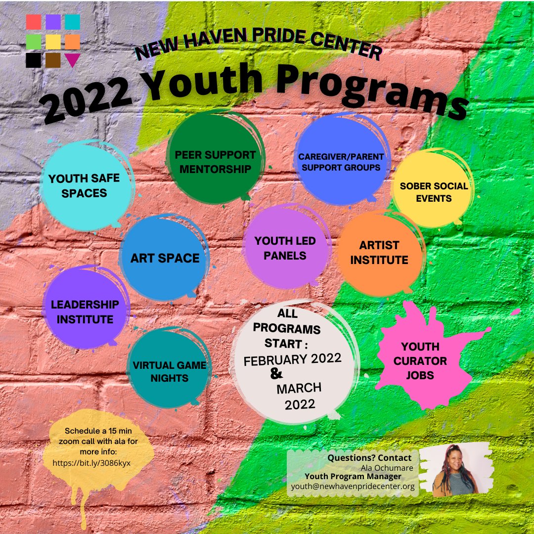 NewHavenPride's tweet image. Check out the Pride Center's 2022 upcoming Youth Programs! All 2022 youth programs will be launching in February. Keep a lookout!
Please email youth@newhavenpridecenter.org with any questions.
#lgbtqyouth #youthprogramming #queeryouth #youth #lgbtq #queer #newhavenpridecenter