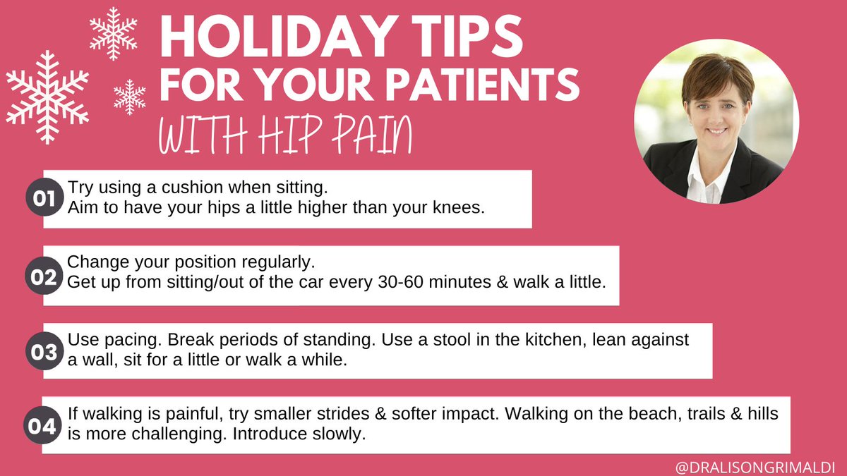 alisongrimaldi's tweet photo. Here are some useful Holiday Tips for your patients with hip pain, to ensure they can spend this time with their loved ones pain-free.
#hiprehab #physiolife #physiotherapy #physicaltherapy #hipphsyio #hipmobility #hiptips #painfree #paintips #holidaypain #hippain https://t.co/ILpWSXsDFk