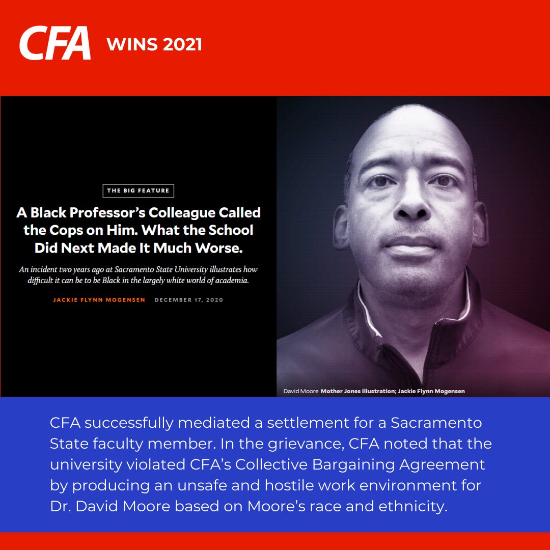 CFA_United's tweet photo. CFA's counting down our biggest wins of 2021. CFA successfully mediated a settlement for a @sacstate faculty member.
Full story: https://t.co/nnhYI16VcR
#CFAWins #CFA4Faculty #RightsRespectJustice #CSUFaculty #FacultyWins #UnionPower #1u https://t.co/ZyHmtD5HUv