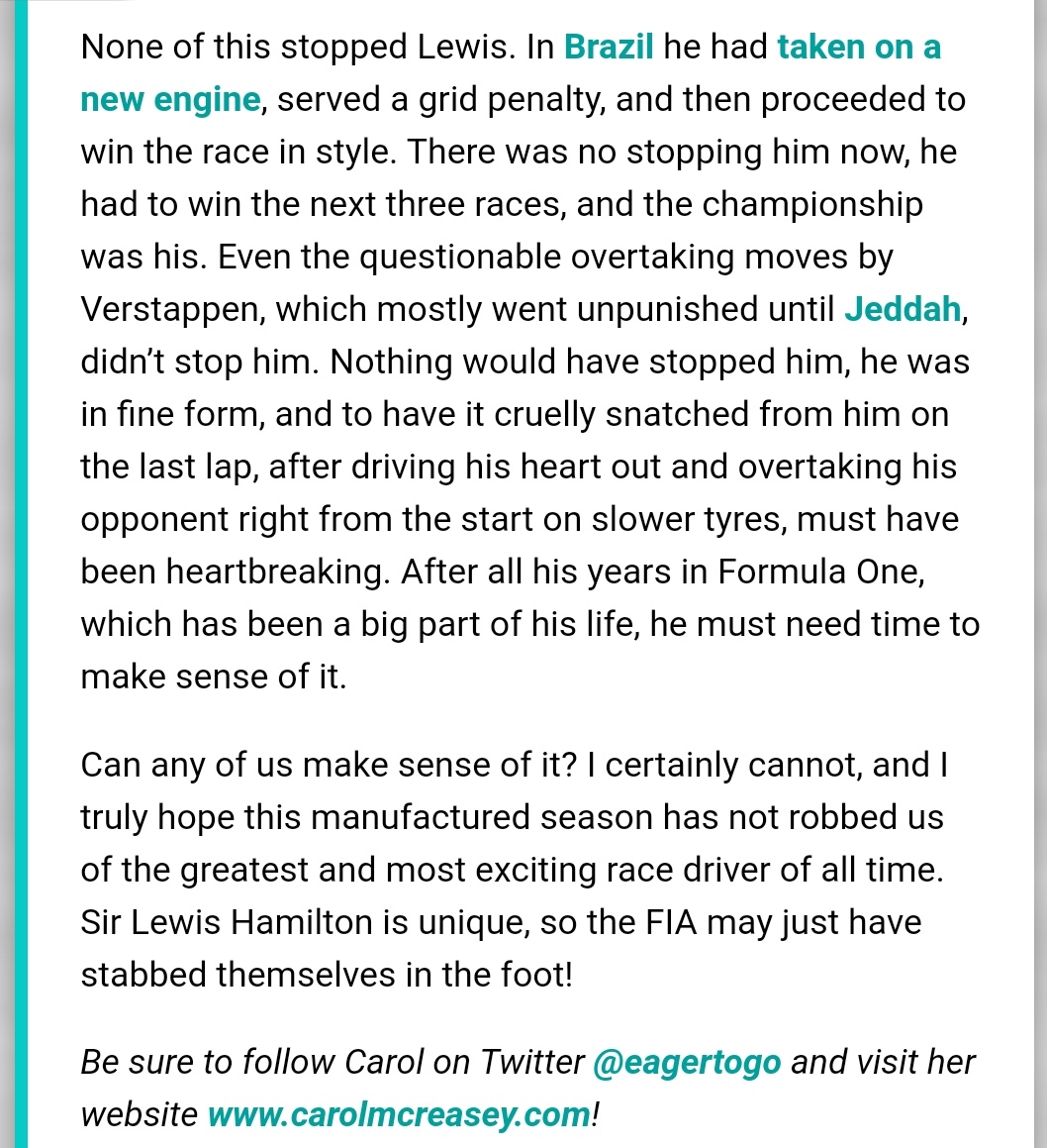 ArtSaSch's tweet photo. Once again it is painfull to read , but Carol summed it up
Why it is so incredible unfair how @LewisHamilton was robbed his 8th WDC https://t.co/O80bs0ITVk