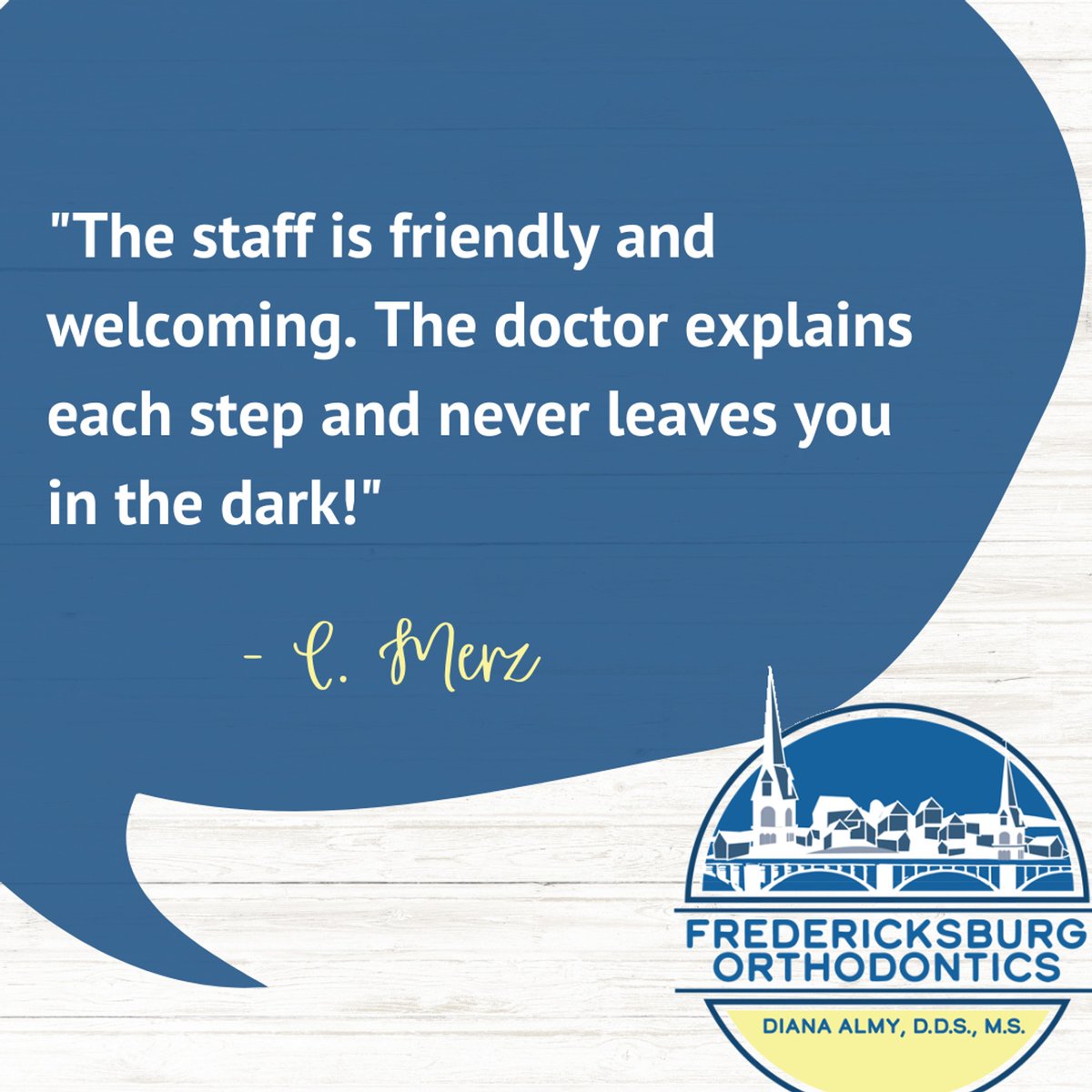 FredBraces's tweet photo. We love hearing about our patients' experiences at Fredericksburg Orthodontics! ✨ Please leave us a review on Google or Facebook, and let us know if you enjoyed your experience! ✏️
.
.
.
.
.
#FredBraces #FredSmiles #FredericksburgOrthodontics #Review https://t.co/X9HeQDfmEH