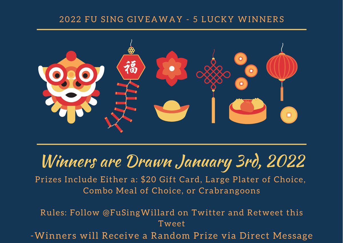 FuSingWillard's tweet photo. 🎇 New Year #Fusing Giveaway 🎆

‼️Get Lucky and Win Either a:
-$20 Fu Sing Gift Card
-Large Plater of Choice
-Combo Meal of Choice x2
-Crabrangoon

✅Rules:
-Follow @FuSingWillard 
-Retweet this Tweet

🏆5 Winners will be Chosen Randomly on January 3rd, 2022 https://t.co/LR5vLp0TAv