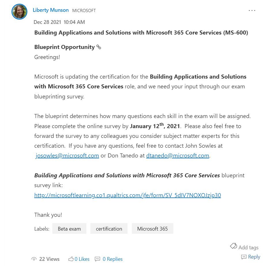 vladcatrinescu's tweet photo. Looks like @MicrosoftLearn is updating the MS-600 Certification - and it;s your chance to give input for what's most important! Given the Target Audience - might we also get a rename? Who knows! #SharePoint #SPFX #MS600 #MicrosoftTeams >>>>> https://t.co/MWb3Fl2Rux https://t.co/Qj6GWicoZ0