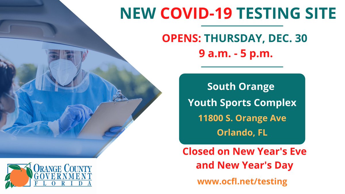 OrangeCoFL's tweet photo. New COVID-19 testing site opens THURSDAY in Orange County at the South Orange Youth Sports Complex. Hours 9am-5pm, or until capacity is reached. Plan to arrive early! https://t.co/D2lPkwEArU @DohOrange #testing #COVID19 https://t.co/rIbSeNkhdO