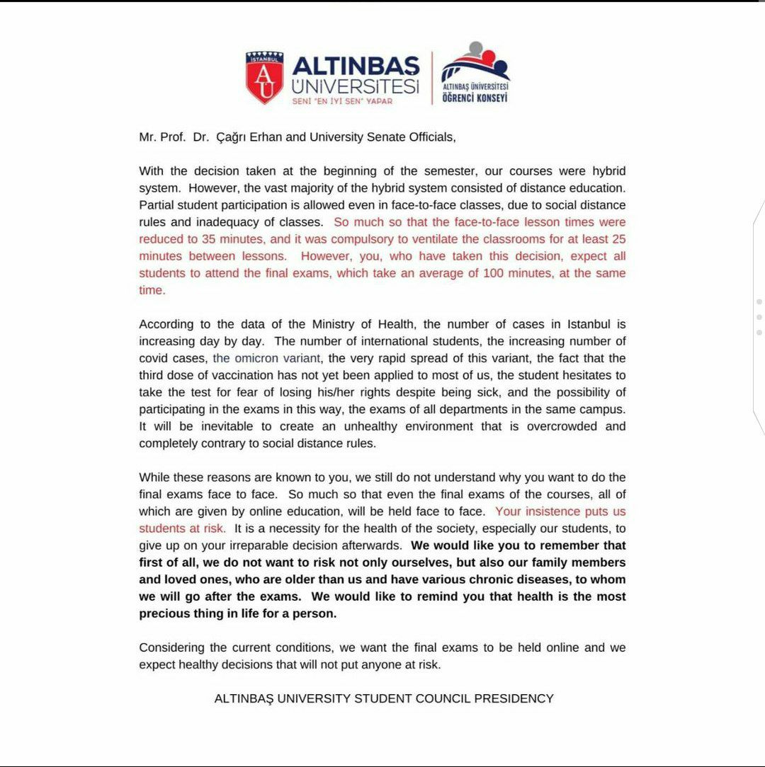 Master's students in #altınbaş request that the final exams be online 
#master_altinbas_online
#AltınbaşOnlineSınavİstiyor
<a href="/cagrierhan/">Çağrı Erhan</a> 
<a href="/AltinbasUniv/">Altınbaş Üniversitesi</a>
<a href="/aargunk/">argun karacabey</a>