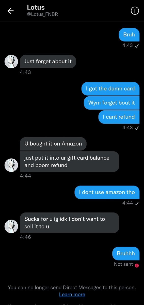 NeoSells_'s tweet image. If anyone is trying to buy a fortnite account please do not buy it from @Lotus_FNBR big ass timewaster and made me get a fuckin 400$ amazon card and called off the goddamn deal. What a dumbass.