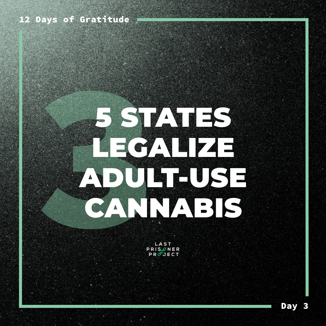 Last Prisoner Project graphic for 12 Days of Gratitude. 5 States Legalize Adult-Use Cannabis. Day 3. 