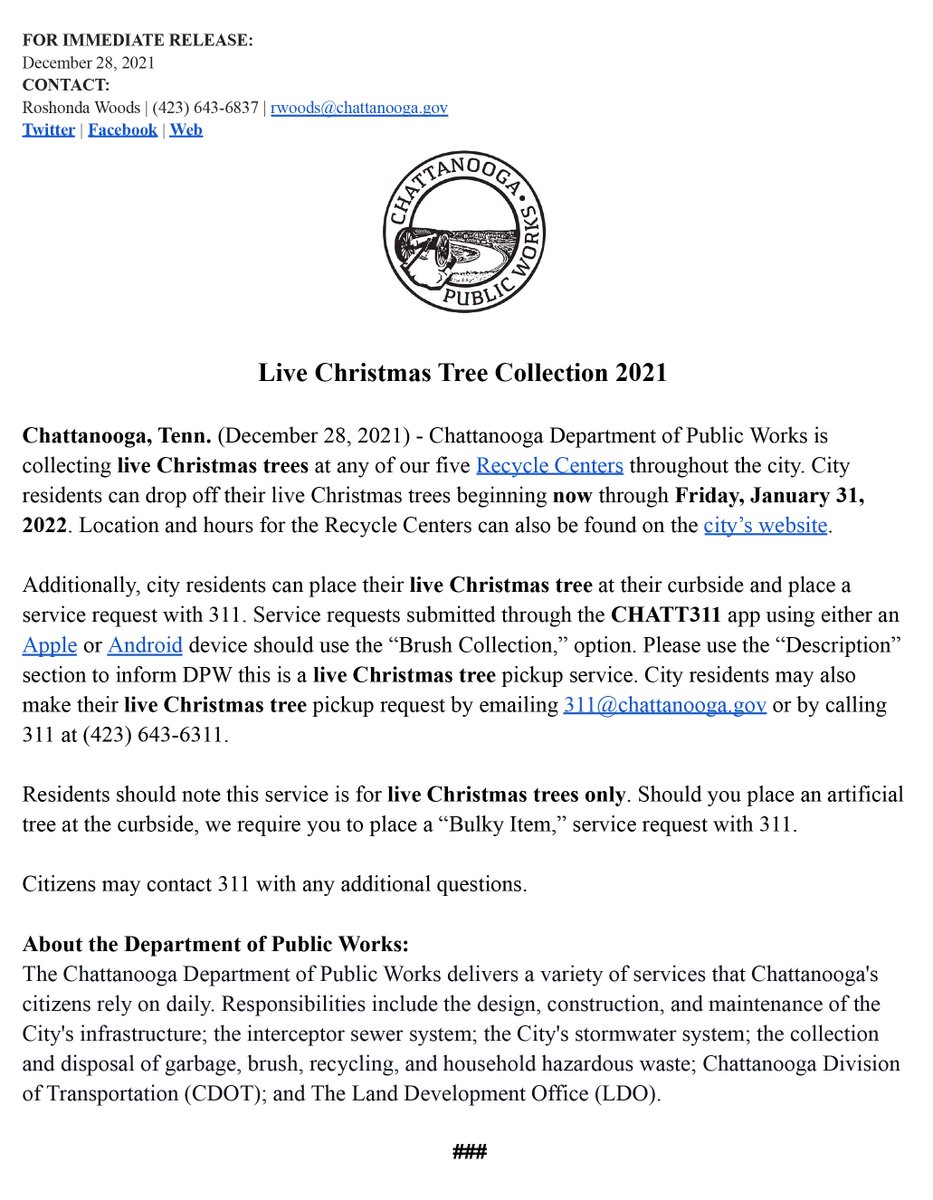 CHAPublicWorks's tweet photo. #CHAPublicWorks will start curbside tree removal beginning Tuesday, December 28th and ending Friday, January 31, 2022. https://t.co/9GQRRR85SK