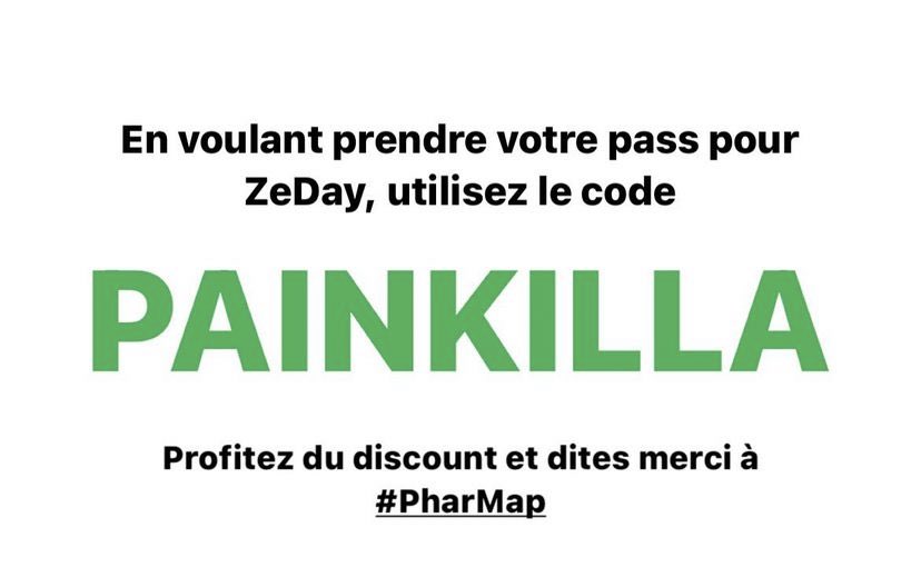 Dans notre palabre de « cassage de dos », la team #PharMap propulsée par <a href="/asma_sante/">Dr ASMA</a> a décidé de sponsoriser exceptionnellement vos pass pour la #DayParty. 

Utilisez le code « PAINKILLA » pour prendre vos pass et vous allez voaaar : bit.ly/night_n_day