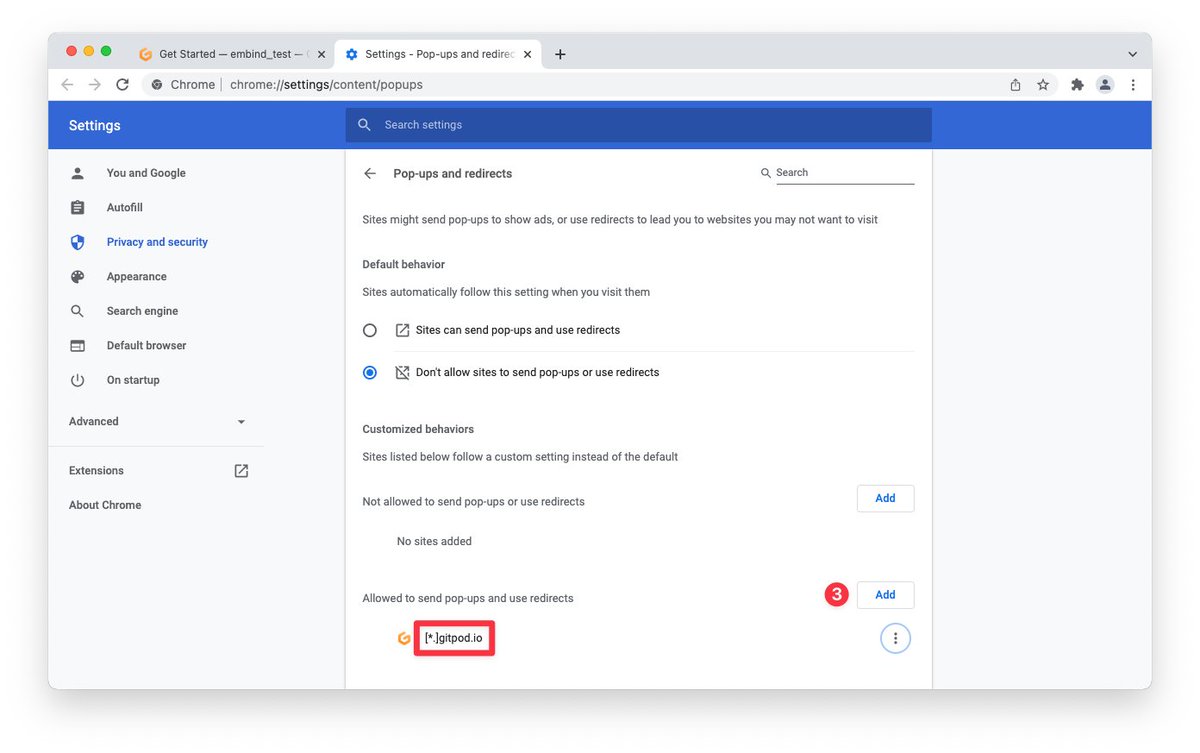 Tired of <a href="/googlechrome/">Chrome</a> 's security popups for ❶ clipboard or ❷ new browser windows when using <a href="/gitpod/">Gitpod</a> ?
Fix: ❸ Grant respective permissions to all Gitpod dynamic URLs `[.*]gitpod.io` at chrome://settings/content/popups and chrome://settings/content/clipboard