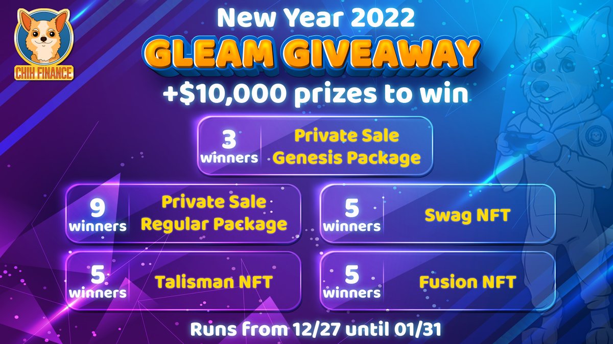 ChihTokenio's tweet photo. New Year 2022 Giveaway🎉

Take part in our fantastic giveaway with a prize pool of over $10,000 🤑 

Prizes are:

🎁 3x Genesis package
🎁 3x Regular package
🎁 5x Talisman NFT
🎁 5x Swag NFT
🎁 5x Fusion NFT

Participate here: https://t.co/wPnV2m6SDe  

#Giveaway #NFT $ChiFi https://t.co/mTjlNOhOPN