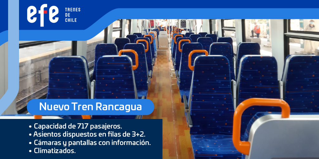 Los nuevos trenes 🚄 para el servicio <a href="/EFE_Rancagua/">Tren Rancagua - Estación Central</a> tienen una capacidad de 717 pasajeros, son climatizados, tienen cámaras de seguridad y pantallas con información al pasajero 👏. ¡Seguimos avanzando en las distintas pruebas antes de su funcionamiento 💪! #ChileSobreRieles 🚉
