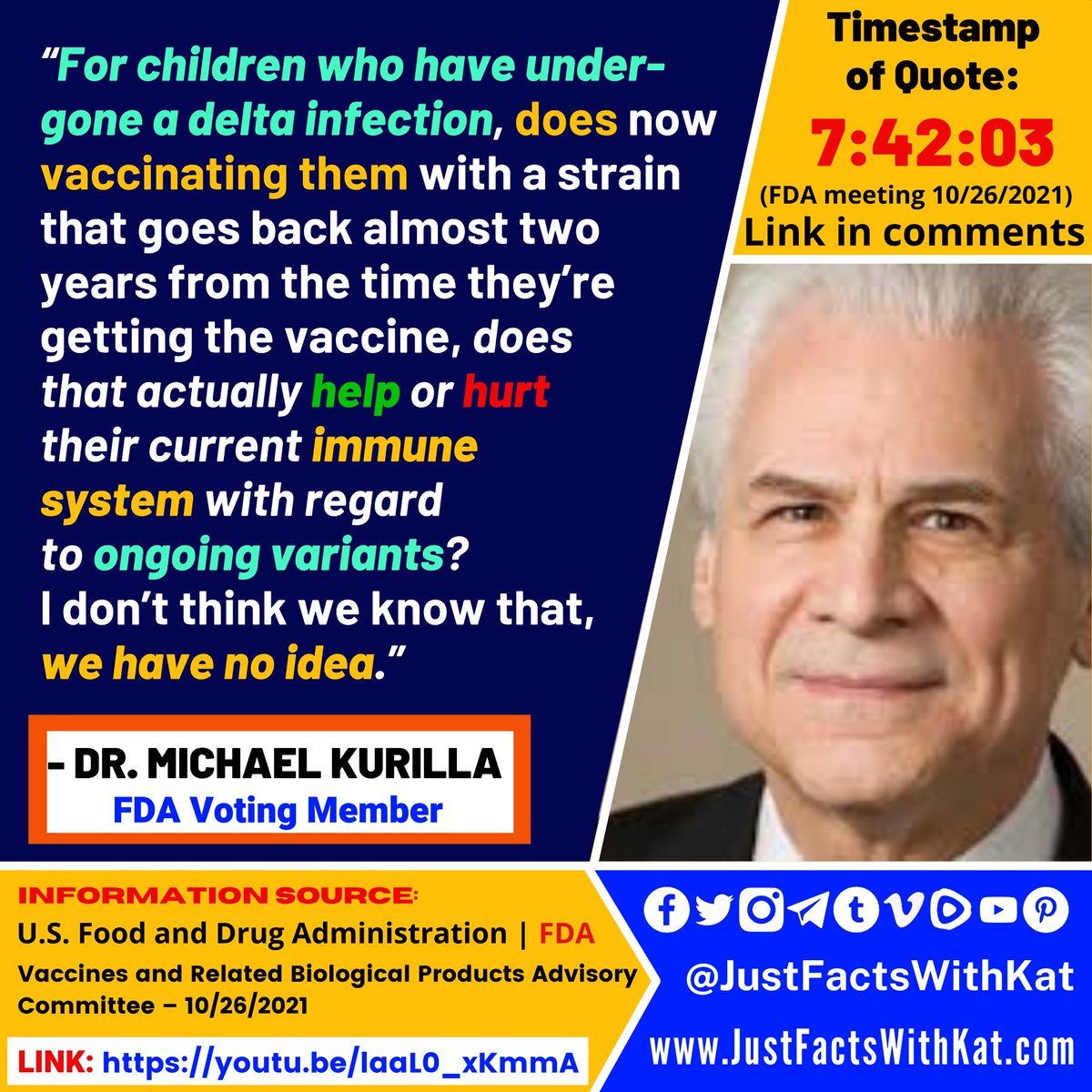 JustFacts_Kat's tweet image. FDA advisor Dr. Kurilla questions if the Pfizer vaccine will help or hurt the immune system of children that have already been infected with COVID-19, in regards to ongoing variants.

Use my hashtags!
#JFWK #JustFactsWithKat #AllAngles

etc:
#COVID19 #COVIDVaccination #Omicron