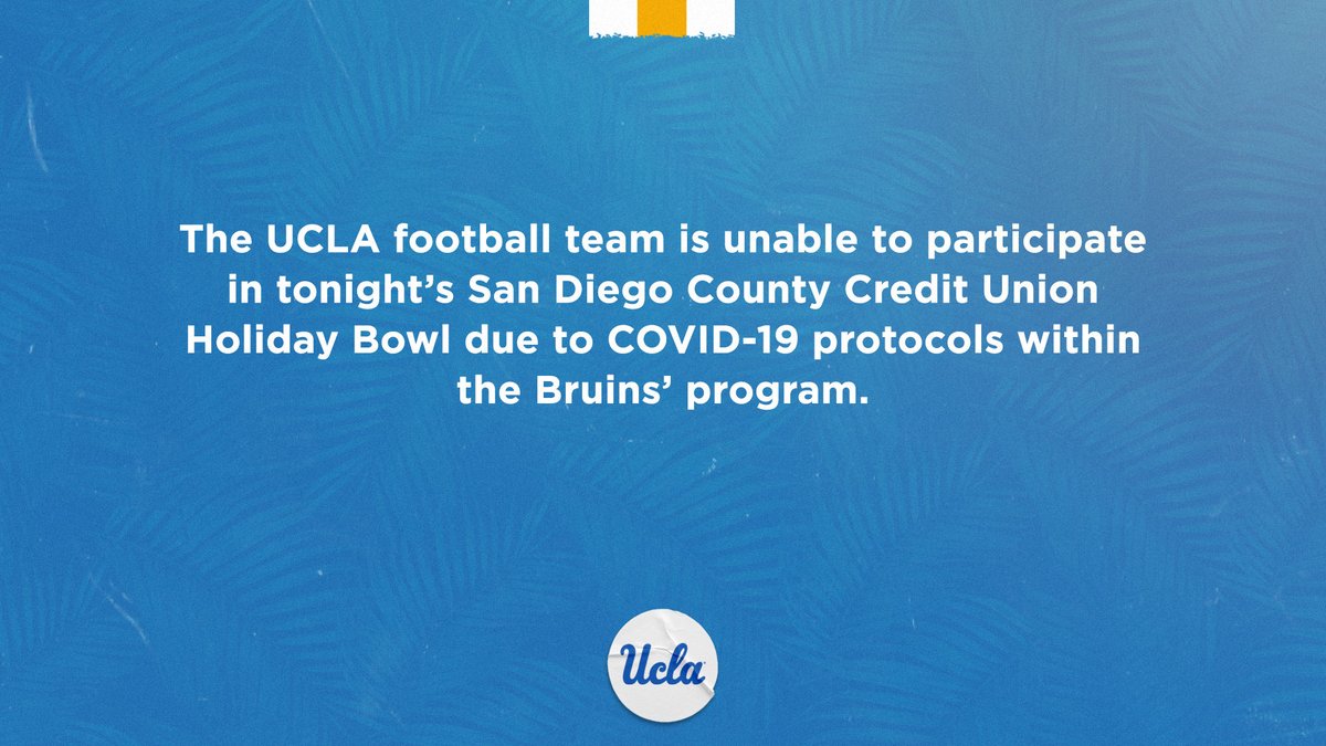 ClayTravis's tweet photo. UCLA just pulled out of the Holiday Bowl a few hours before kickoff. What in the world are we doing? No college athletes should be getting tested for covid. They’re all 100% fine. Most have no idea if they even have it. This is a total farce. Embarrassing. https://t.co/tJDntAkuLB