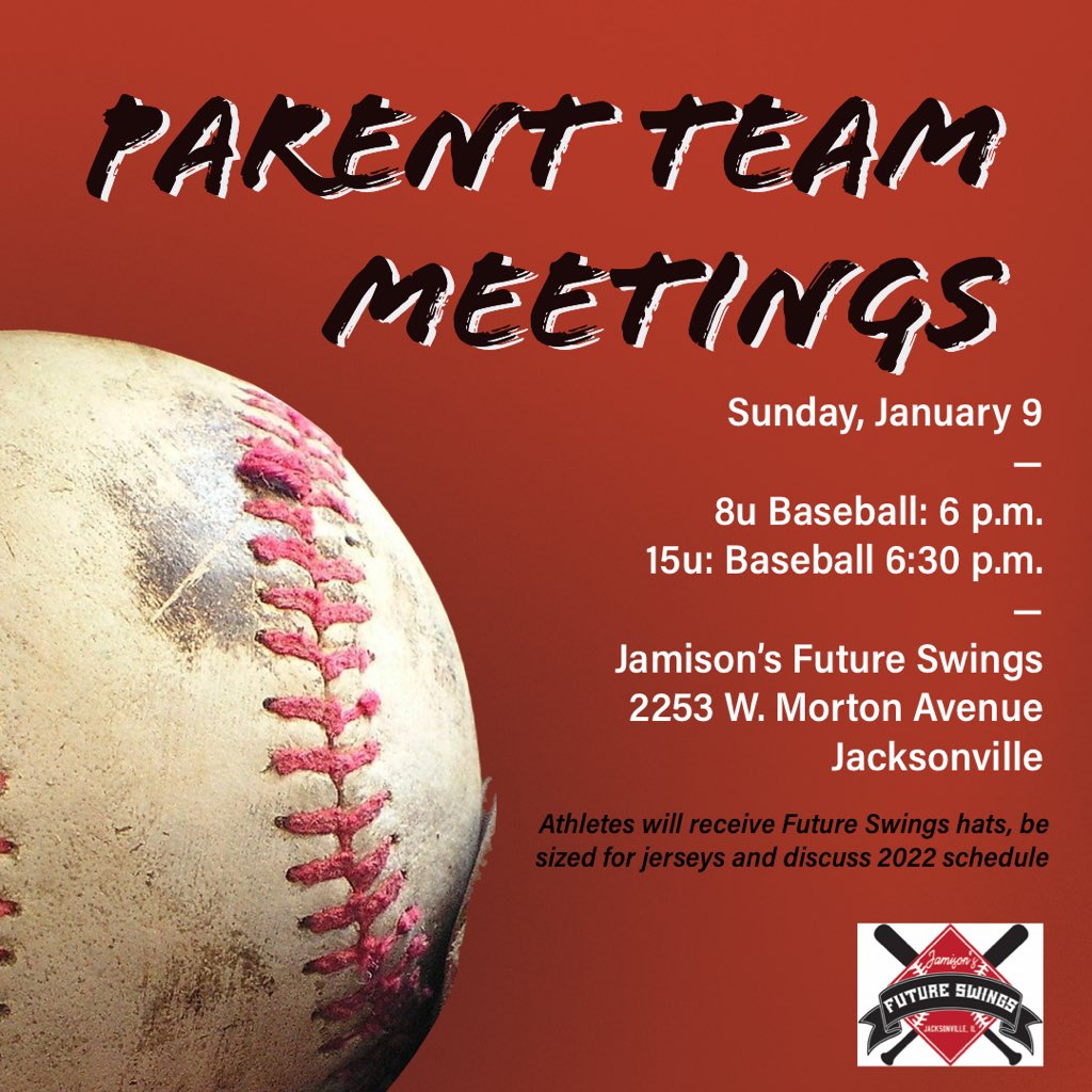 future_swings's tweet photo. Attention 8u and 15u travel baseball parents: team meetings are scheduled for your athletes on January 9 — 8u at 6 p.m. and 15u at 6:30 p.m. Athletes will receive Future Swings hats, be sized for jerseys and discuss 2022 season schedule. ⚾️ https://t.co/LBdSPXVoXn