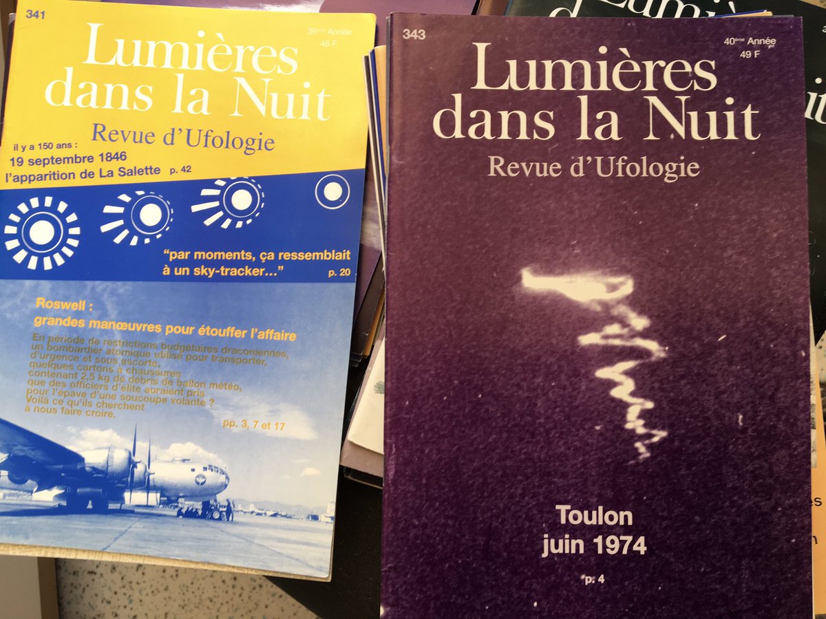 memizon's tweet photo. Studying ufo reports in other magazines than the US ones gives a surprising variety of the manifestation of the phenomenon. Here’s part of my collection of French ufo magazine ‘Lumières dans la Nuit’ (Lights in the Night). https://t.co/1y27YQnS2k