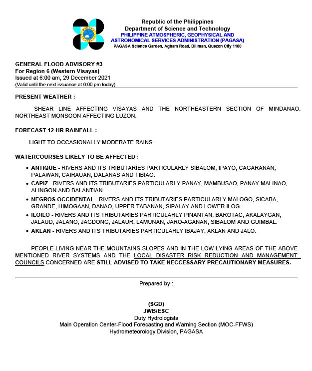 dost_pagasa's tweet photo. General Flood Advisories (GFAs)
Issued @ 6:00 AM, 29 December 2021
Region 4A (CALABARZON) #GFA6 Final
Region 4B (MIMAROPA)      #GFA6 Final
Region 5 (Bicol Region)   #GFA7
Region 6 (Western Visayas) #GFA3 https://t.co/XrFnydAu6U